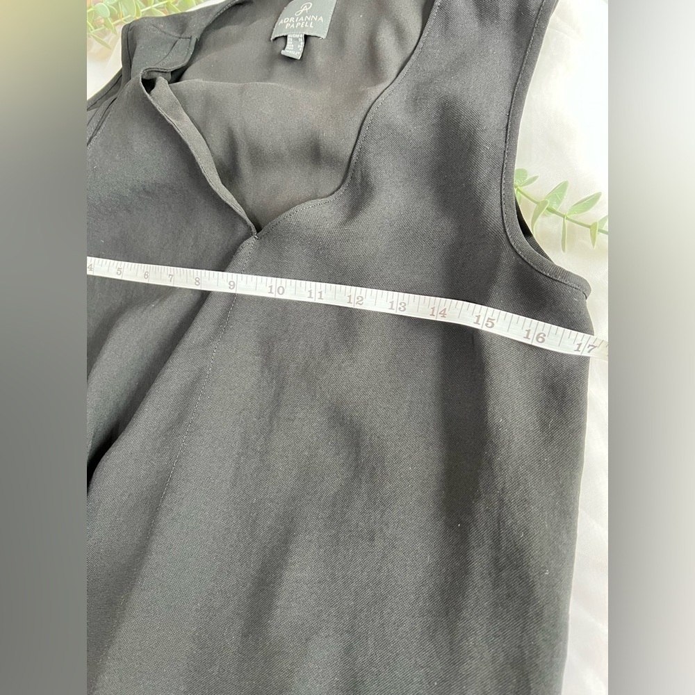 ADRIANNA PAPELL Quiet Luxury Black sheer Lined Draped Asymmetrical Hem Dress 4 - Picture 7 of 10
